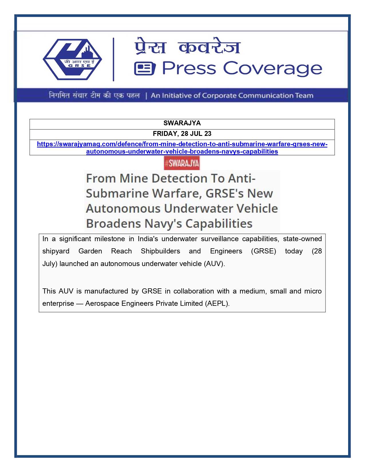 Press Coverage : Swarajya, 28 Jul 23 : From Mine Detection to Anti-Submarine Warfare, GRSE's New Autonomous Underwater Vehicle Broadens Navy Capabilities